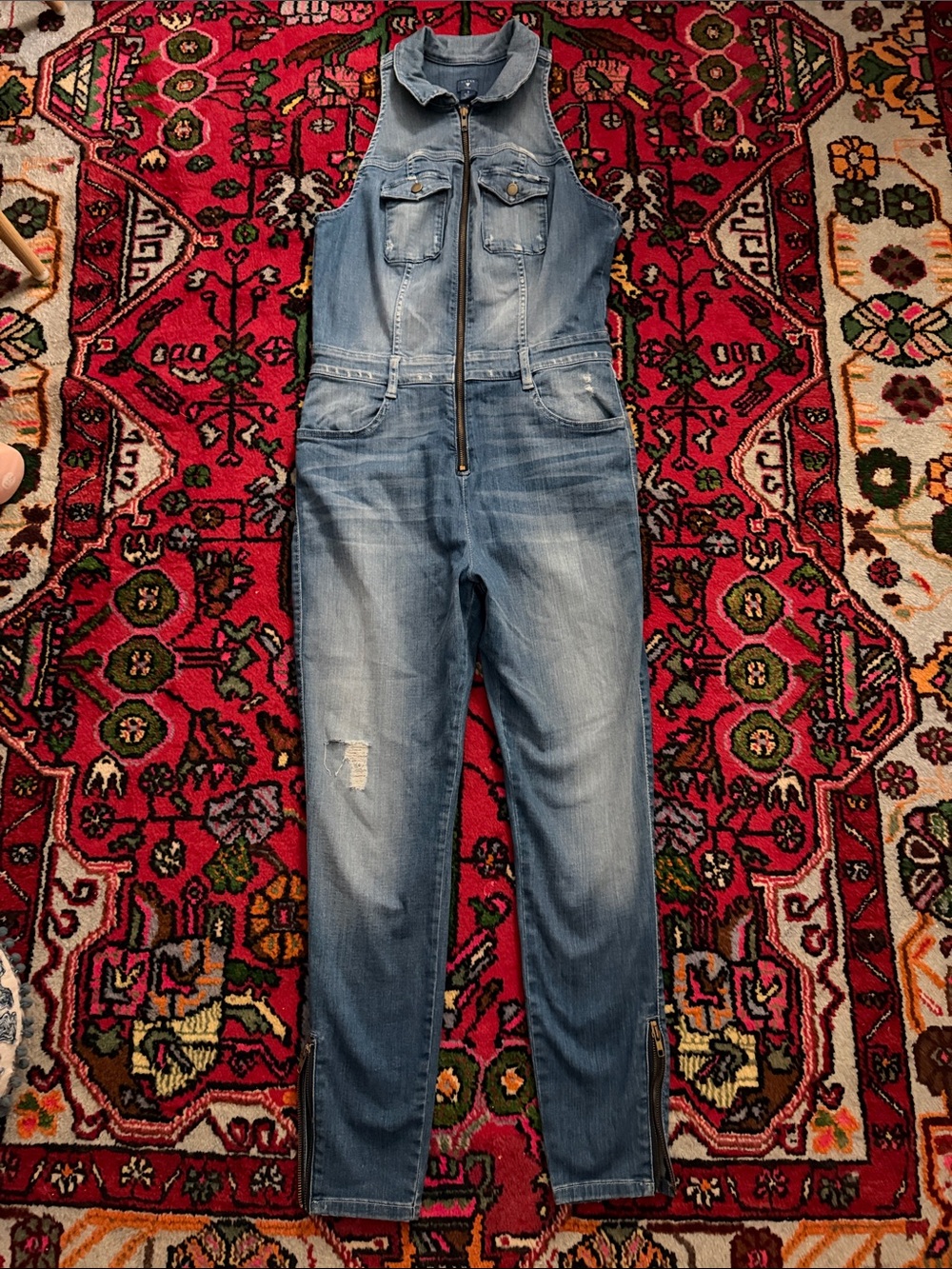 Vintage Guess Light Blue Denim Skinny Jumpsuit with Front Zip